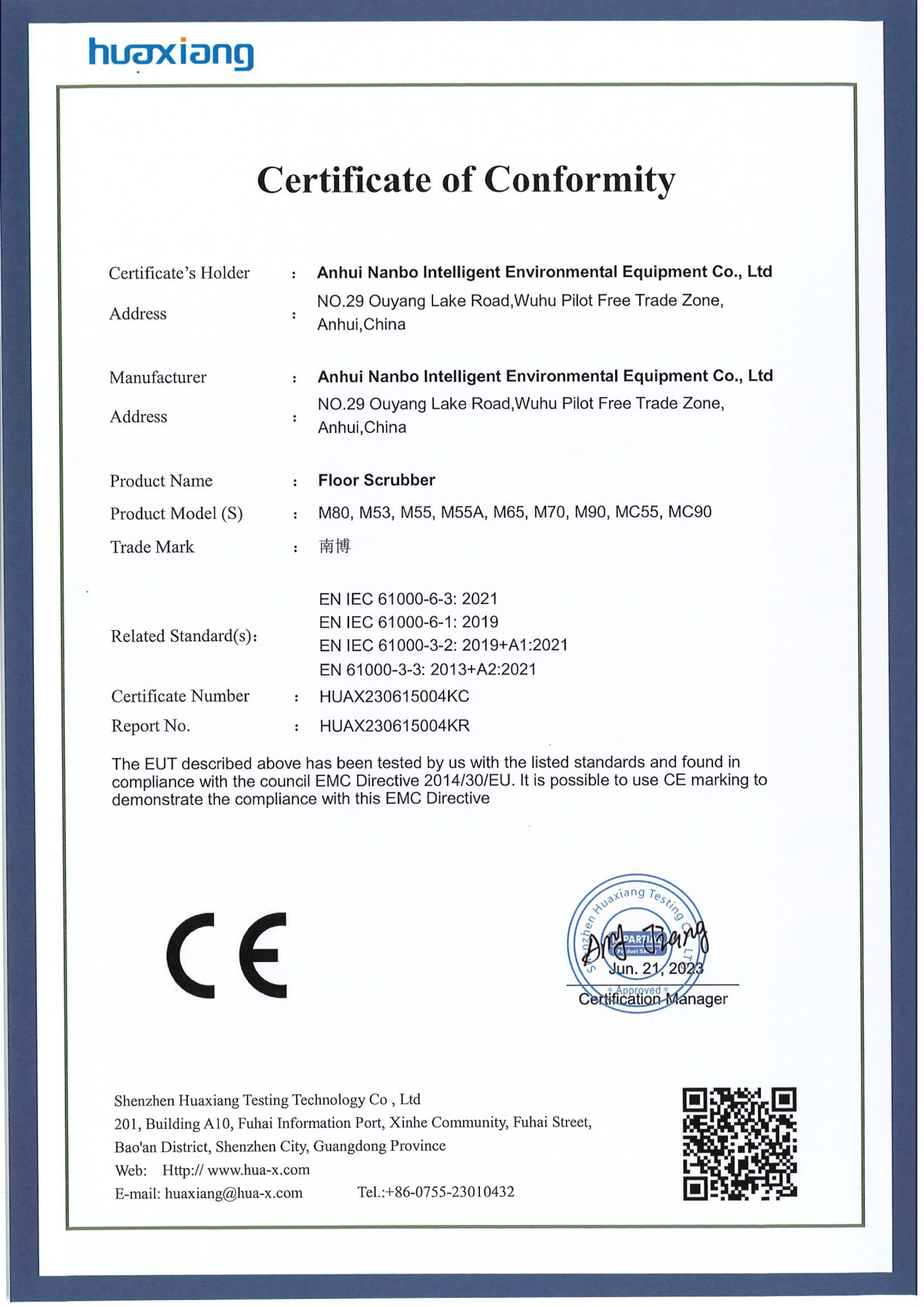 Nanbo CE EMC — Floor Scrubber Certificate