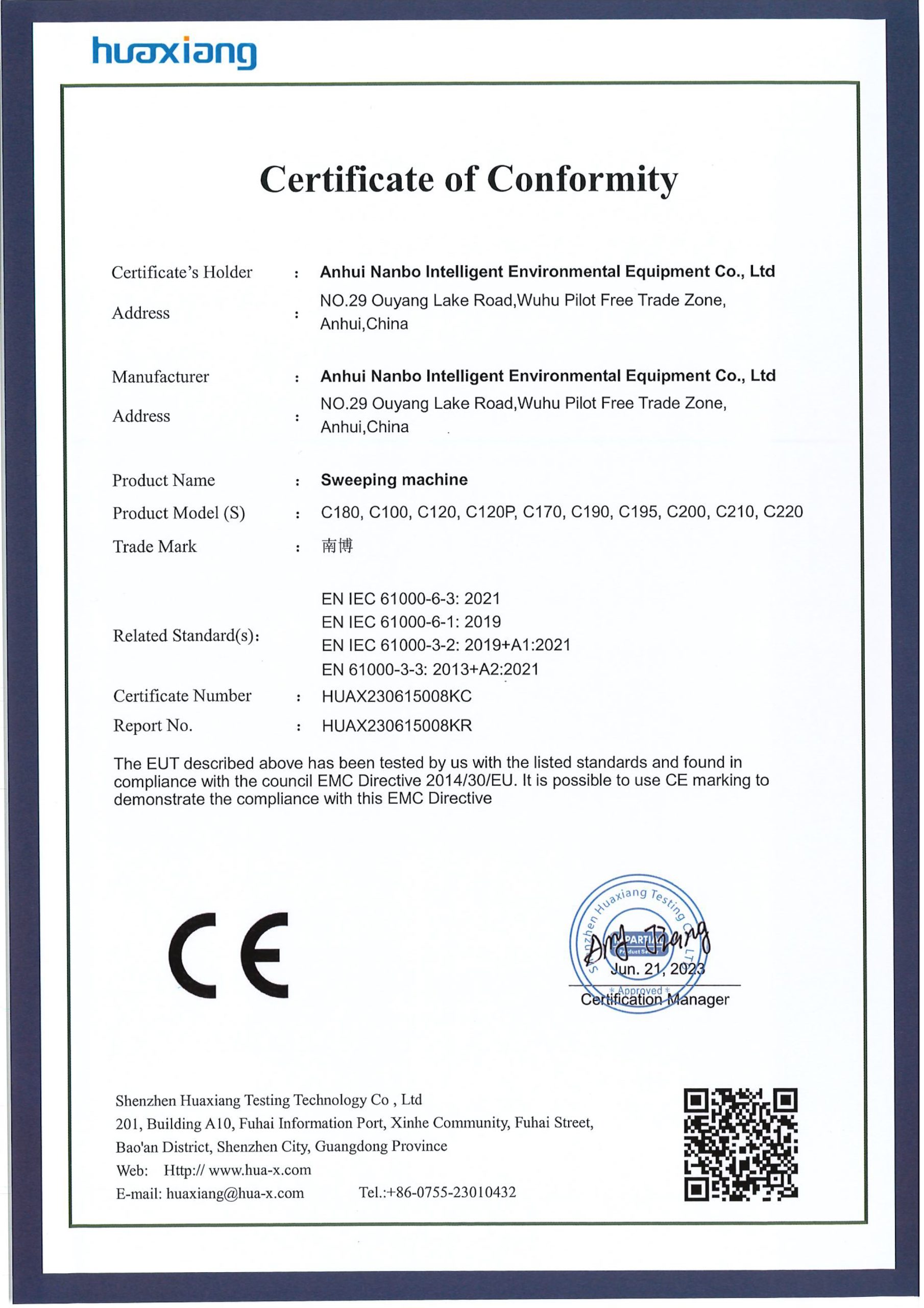 Nanbo CE EMC — Floor Sweeper Certificate