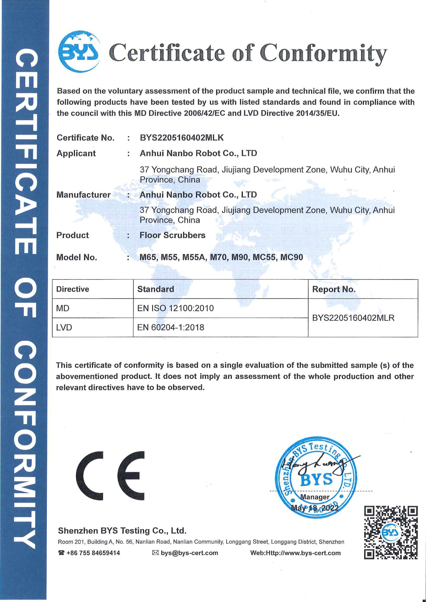 Nanbo CE — Floor Scrubber Certificate