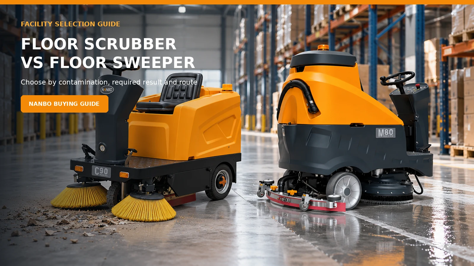 NANBO C90 floor sweeper and M80 floor scrubber working in a warehouse